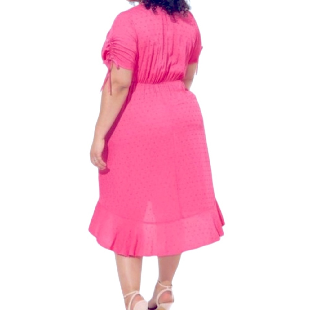 TORRID pink swiss dot faux wrap split skirt short sleeve midi dress sz 00(10/M) - Picture 2 of 11
